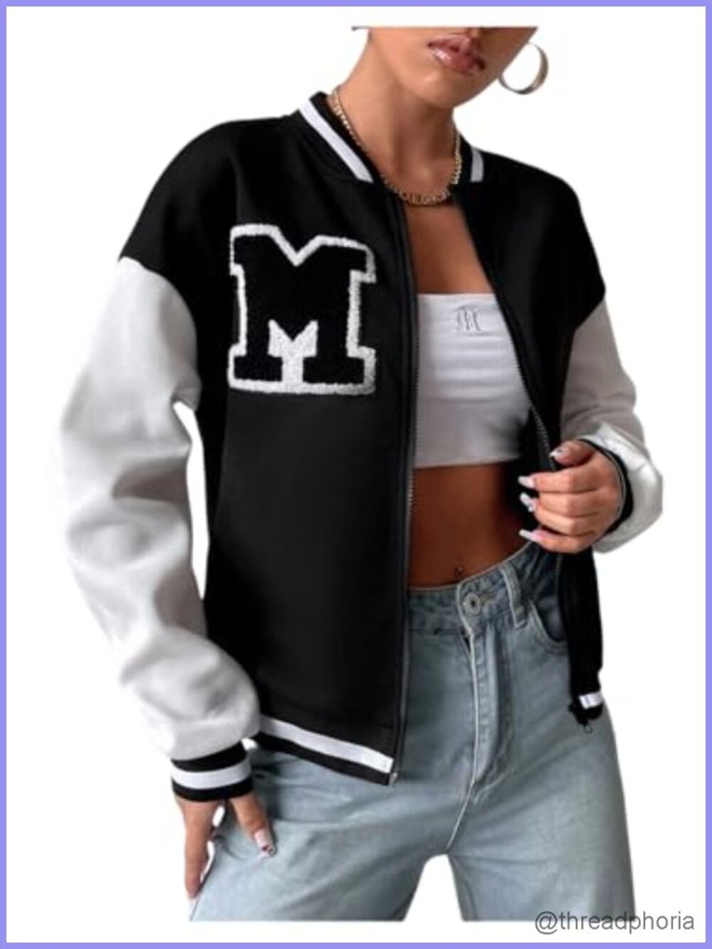 Women's Varsity Bomber Jacket Letter Graphic Zip Up Long Sleeve Baseball Coat